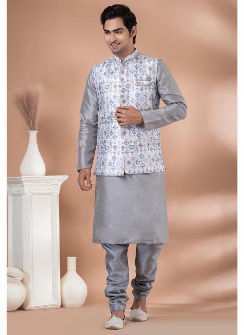 Buy Grey Corset Work Traditional Wear Silk Readymade Modi Jacket Kurta Pajama Online